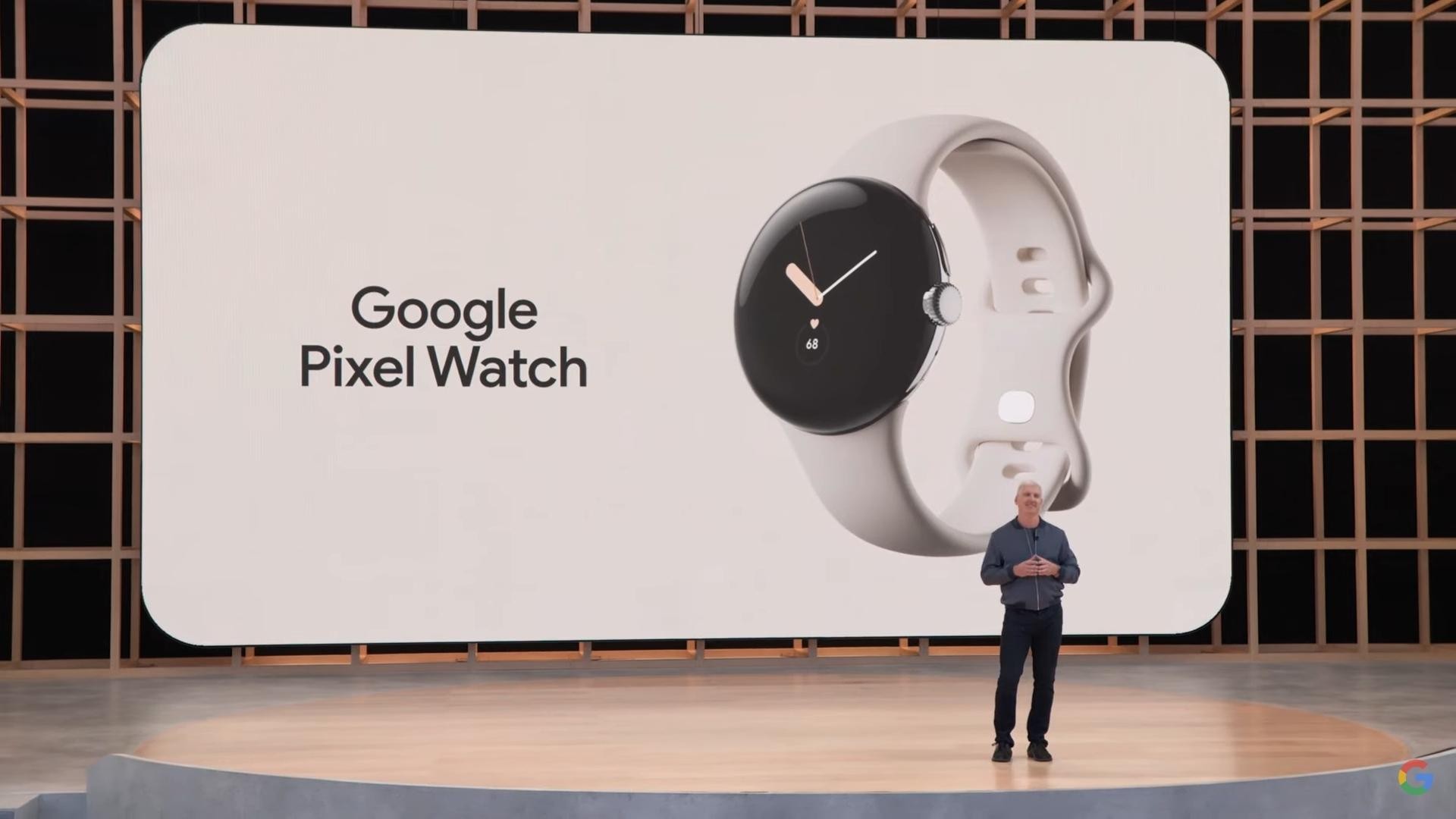 Una imagen que muestra el Pixel Watch en el discurso de apertura de Google IO 2022