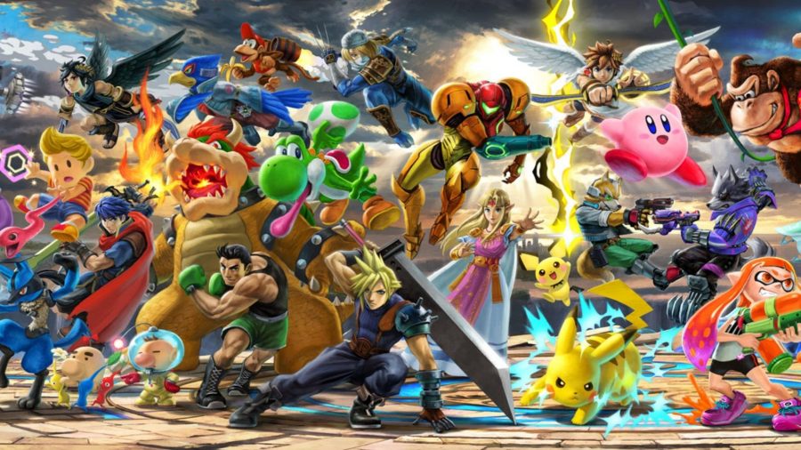 Numerosos personajes de Super Smash Bros Ultimate en especie para el juego.  Lo más destacado es Cloud haciendo una pose, Yoshi saltando y sacando la lengua, y Pikachu emitiendo electricidad.