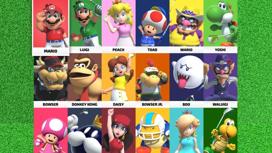 La alineación de Mario Gold Super Rush incluye a Mario, Luigi, Peach, Toad, Wario, Yoshi, Bowser, Donkey Kong, Peach, Boo, Bowser Jr., Wario, Toadette, King Bobomb, la alcaldesa de New Donk City, Rosalina, y un koopa.