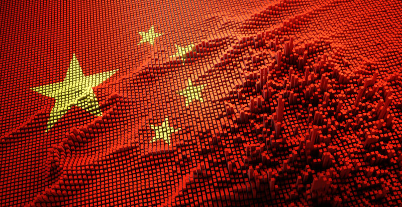 Bandera china con matriz digital - concepto de innovación - papel tapiz de tecnología digital - representación 3D