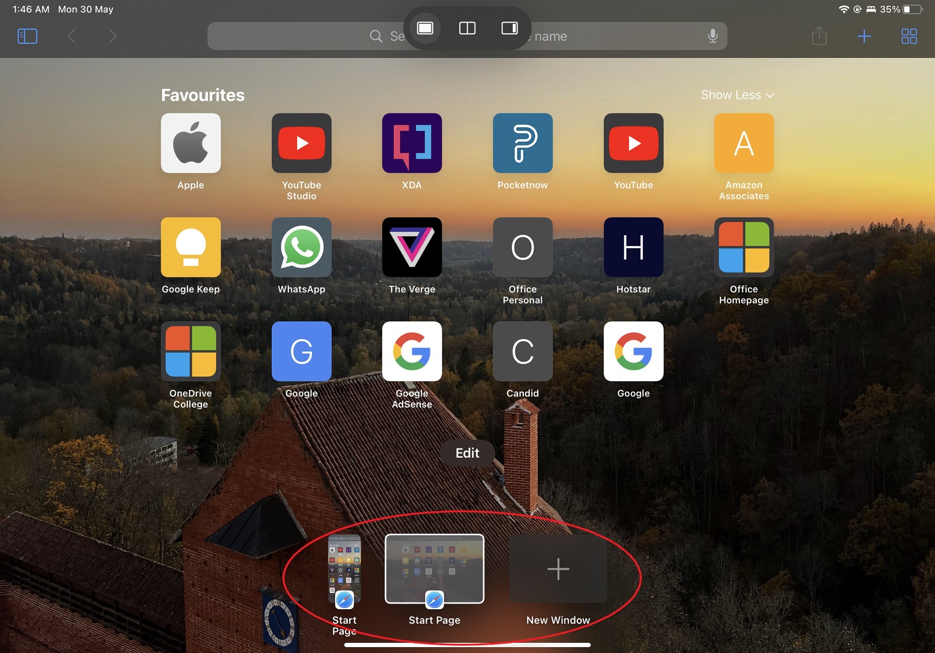 una imagen que apunta al estante en iPados y el botón Nueva ventana
