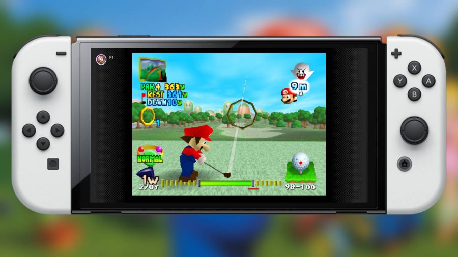 Juegos de Nintendo Switch Online N64: un modelo OLED de Nintendo Switch juega a Mario Golf