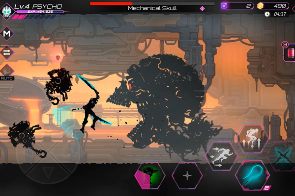 El protagonista robótico lucha contra una calavera gigante.