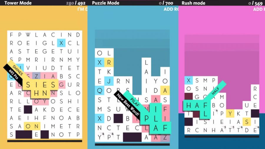 Tres tableros muestran un juego que parece un cruce entre Wordle y Tetris
