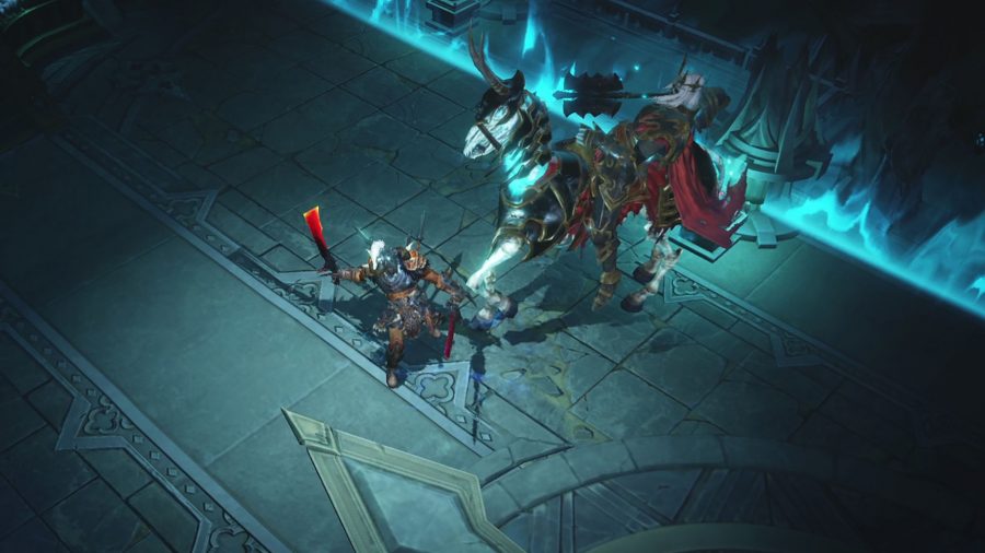 Una captura de pantalla de combate del Diablo Immortal Barbarian derribando un caballo espectral