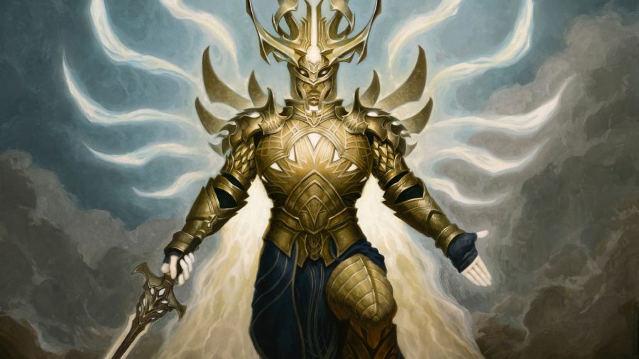 Un personaje de Diablo Immortal que usa una armadura brillante con hebras blancas brillantes detrás de él.