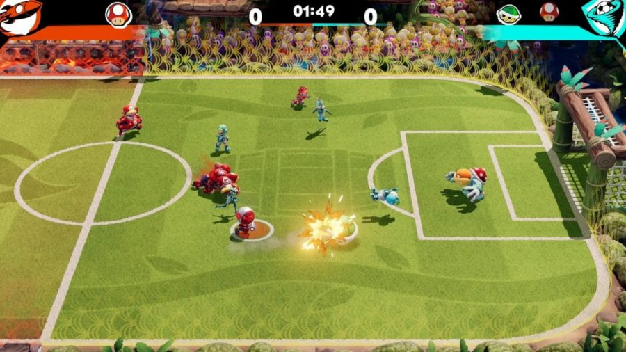 Captura de pantalla de un partido en Mario Strikers: Battle League