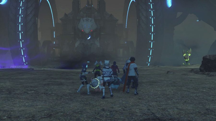 Los múltiples miembros del grupo de Xenoblade Chronicles 3 parados en una llanura arenosa mirando un enorme vehículo mecánico con dos enormes ruedas huecas a cada lado de un cuerpo esférico.