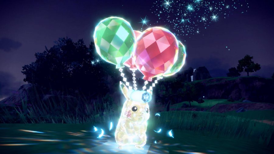 Pedido anticipado de Pokémon Escarlata y Violeta: una captura de pantalla de Pokémon Escarlata y Violeta muestra un Pikachu encerrado en una especie de sustancia cristalina mientras aparecen globos sobre su cabeza.