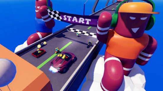 Max Speed ​​​​Codes: una captura de pantalla para el juego Roblox Max Speed ​​​​muestra autos conduciendo rápido en una pista de carreras