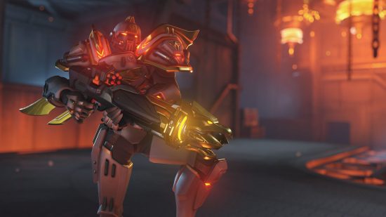 Un personaje de Overwatch 2 que maneja armas en una habitación con poca luz y usa una armadura futurista.