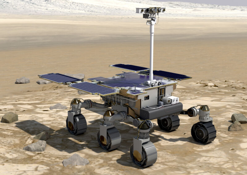 Concepto artístico del rover ExoMars Rosalind Franklin en Marte.