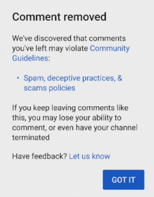 Notificación de eliminación de comentarios de YouTube