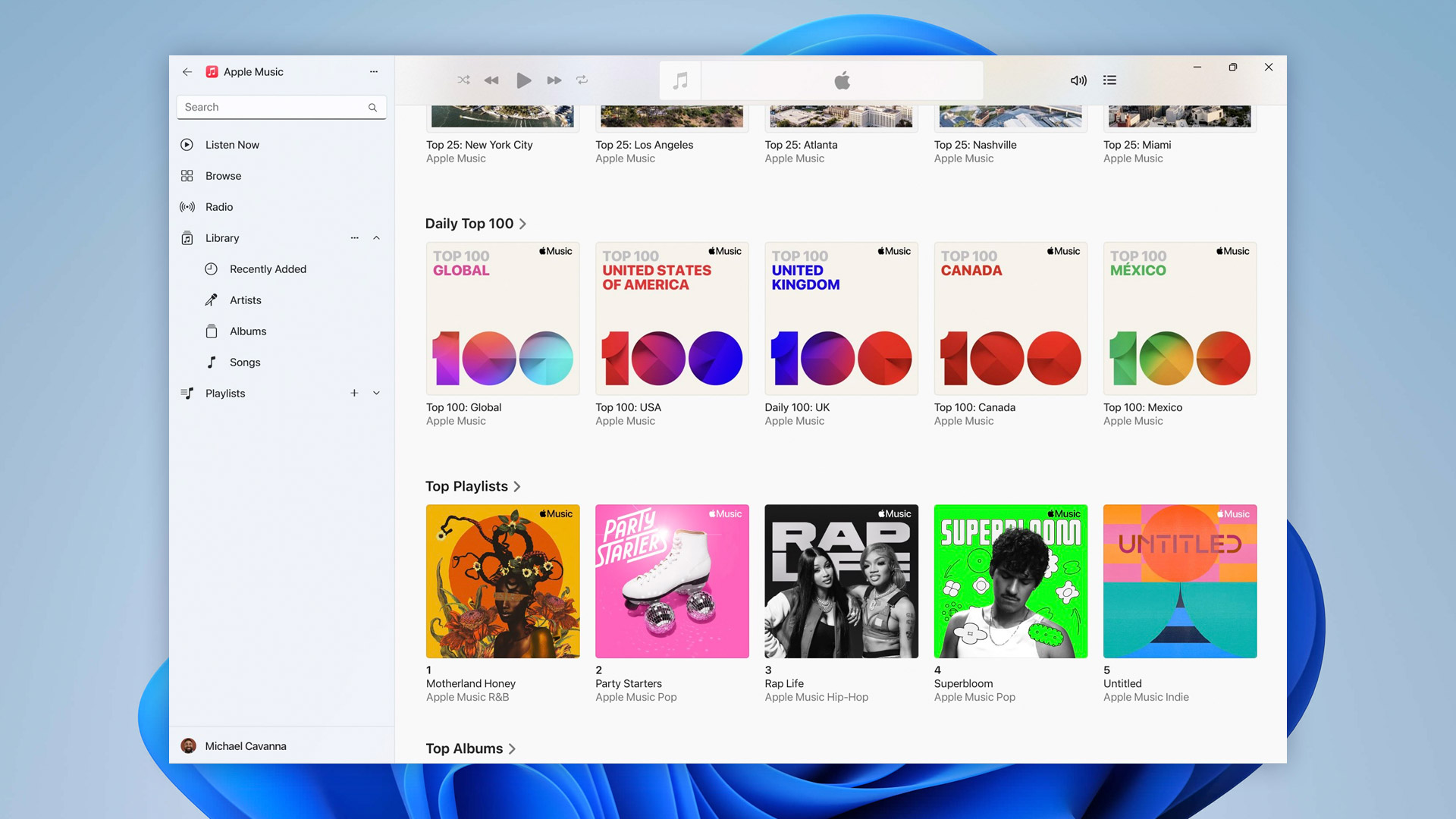 Este es un primer vistazo a las aplicaciones Apple Music, Apple TV y Apple Devices disponibles para Windows 11