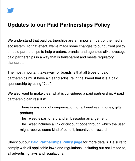 Política actualizada para asociaciones pagas de Twitter
