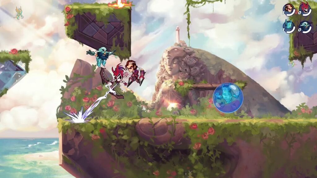 Una captura de pantalla del juego Brawlhalla.  La captura de pantalla muestra a cuatro personajes que luchan entre sí en una plataforma cubierta de hierba que flota junto al mar.