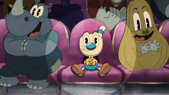 Cuphead Mugman: en una captura de pantalla de The Cuphead Show, Mugman se sienta en un asiento de cine y está iluminado por una luz.