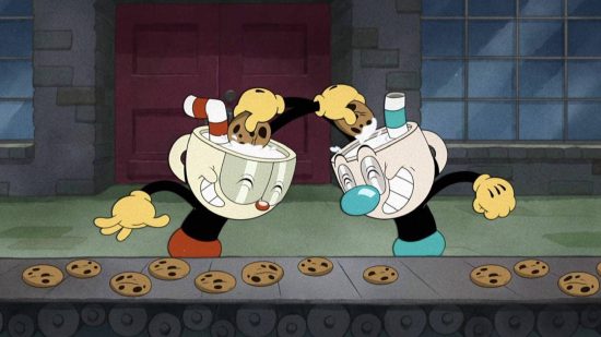 Cuphead Mugman: una captura de pantalla de The Cuphead Show muestra a Cuphead y Mugman mojando galletas en los vasos del otro sobre sus cabezas.