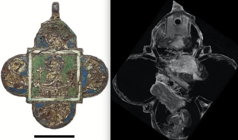 Los científicos usaron tomografía de neutrones para mirar dentro de un colgante medieval y revelaron cinco paquetes de reliquias. 