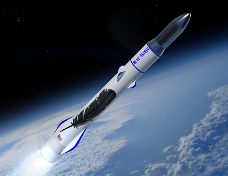 Arte conceptual de Blue Origin para el lanzamiento de un cohete desde New Glenn que asciende a la órbita.