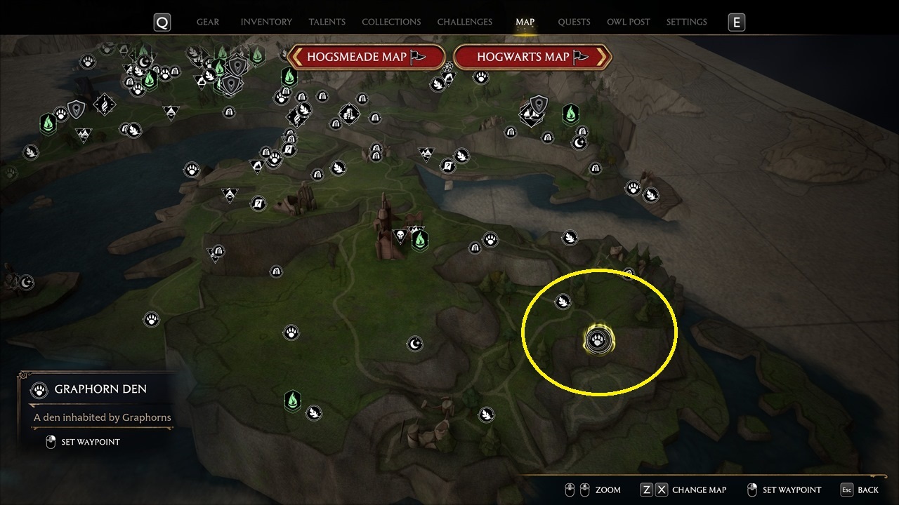 La mayoría de las misiones del juego tardío tienen lugar en la mitad sur del mapa.  Esta cueva de criaturas en particular está al sureste.