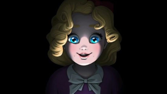 FNAF Chica: Una chica blanca de baja estatura con cabello rubio rizado y ojos azules iluminados.  Ella sonríe y el resto de la imagen es completamente negro.