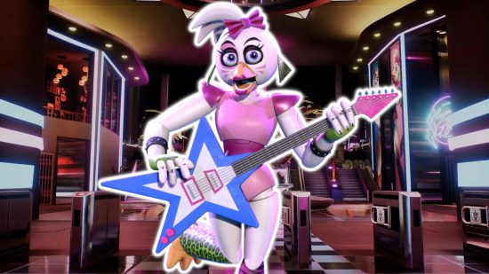 FNAF Chica: Chica glam rock sosteniendo una guitarra eléctrica en forma de estrella y delineada en blanco pegada en el fondo de la entrada del Mega Pizzaplex.