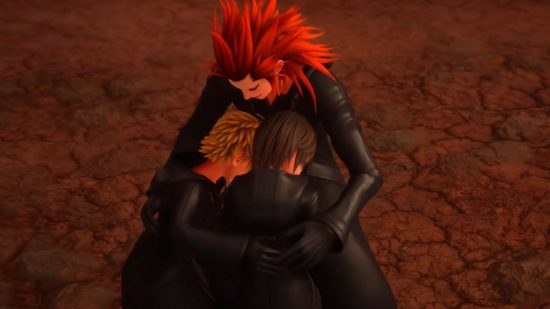 Kingdom Hearts Axel abraza a Roxas y Xion