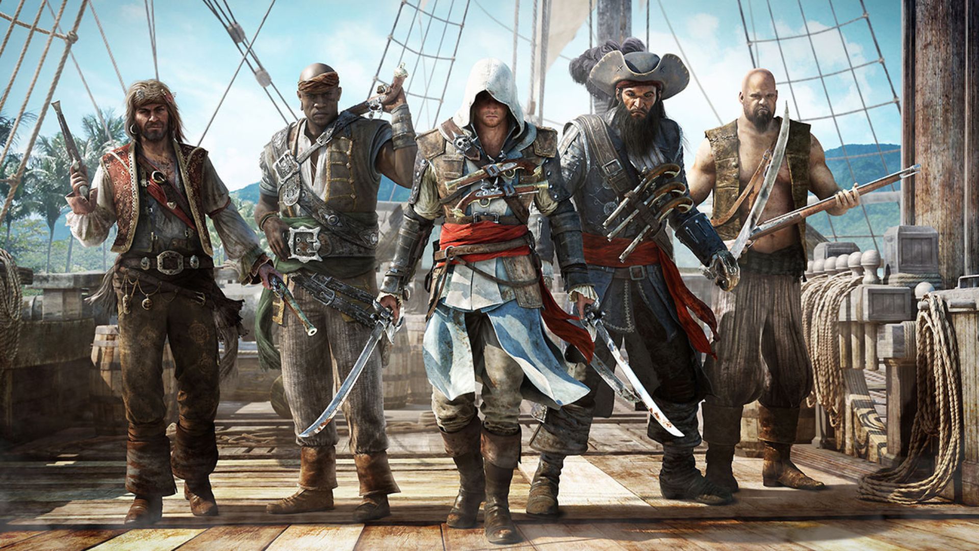 Juegos de parkour: cinco piratas en la cubierta de un barco.  En el centro hay un pirata encapuchado con túnicas blancas de pirata con dos espadas extendidas.  El resto es tan genérico como los piratas.  Cosas apropiadas de piratas piratas.