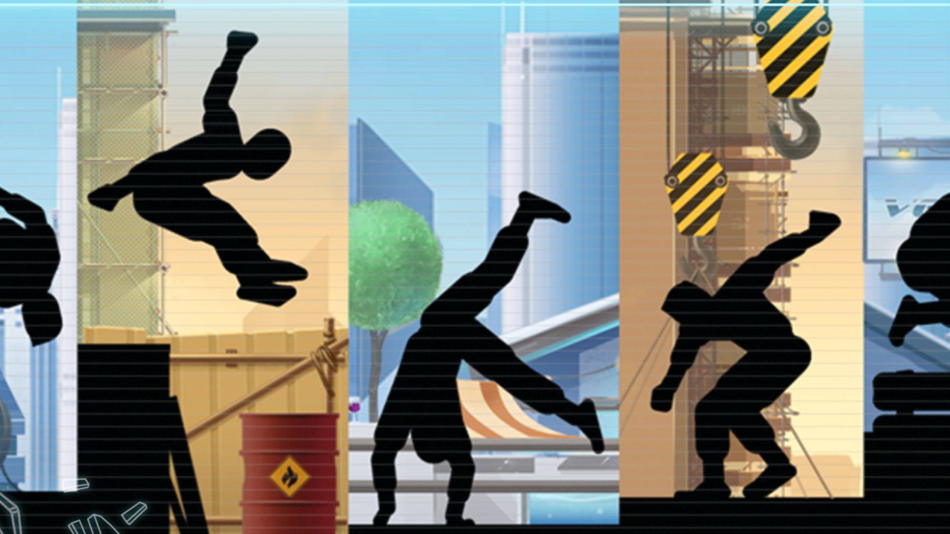 Juegos de parkour: tres siluetas en diferentes escenas que realizan movimientos acrobáticos de parkour.