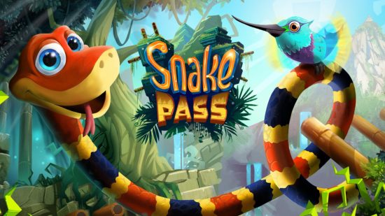 Juegos de serpientes: arte clave para Snake Pass con Noodle, la serpiente roja con cintas amarillas y negras, y Doodle, el colibrí azul.