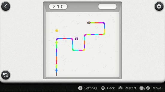 Snake Games: una captura de pantalla de Snake Game en Switch que muestra una serpiente arcoíris moviéndose alrededor de un cuadrado blanco.