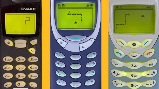 Juegos de Snake: tres capturas de pantalla de Snake 97 jugando a Snake en teléfonos móviles antiguos.