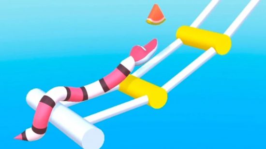 Juegos de serpientes: una captura de pantalla ampliada de Gravity Noodle que muestra una serpiente rosa con bandas blancas y negras que intenta cruzar un puente de cuerda en el cielo.