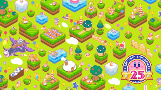 Fondos de pantalla de Kirby: un fondo de pantalla oficial del 25.º aniversario de Kirby que presenta adorables minibiomas de puntos de referencia de Dream Land sobre un fondo verde claro, con un logotipo del 25.º aniversario de Kirby en la esquina inferior derecha.