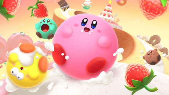 Imágenes de fondo de Kirby: el arte clave de Kirby's Dream Buffet presenta al Kirby rosa, que es grande y esférico sobre un poco de glaseado, con Kirbies de color menta y marrón detrás de él, y un Kirby amarillo rodando hacia la izquierda.  Las fresas están por toda la pantalla.
