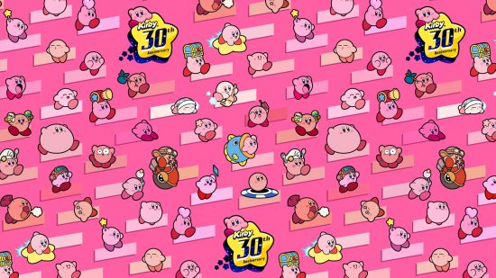 Fondos de pantalla de Kirby: un fondo de escritorio rosa que muestra a Kirby en todas sus diversas formas y el logotipo del 30.º aniversario de Kirby con Kirby en una estrella amarilla de cinco puntas.