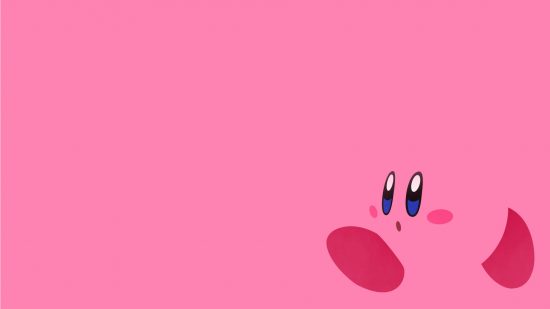 Fondos de pantalla de Kirby: un fondo rosa liso con una ilustración de Kirby sin líneas en la esquina inferior derecha.  Su cuerpo es del mismo color que el fondo, por lo que los detalles son su rostro y sus pies.