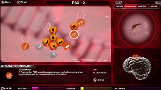 Juegos de ciencia: una captura de pantalla de Plague Inc Evolved que muestra la matriz utilizada para crear un virus